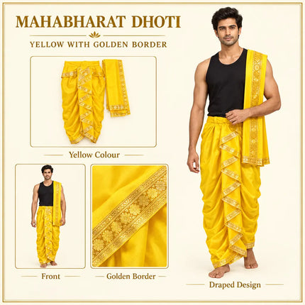 Yellow Mahabharat dhoti design infographic, black top is styling only