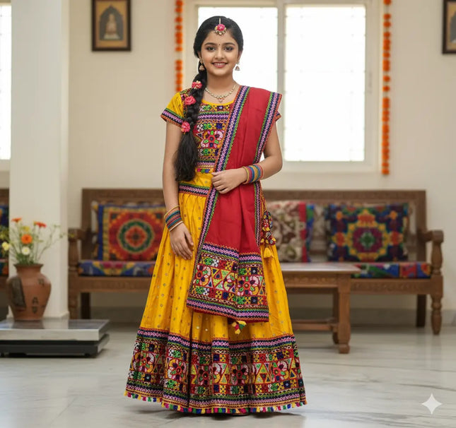 Yellow Navratri Lehenga Choli for Girls | Traditional Embroidered Chaniya Choli with Dupatta fancydresswale.com