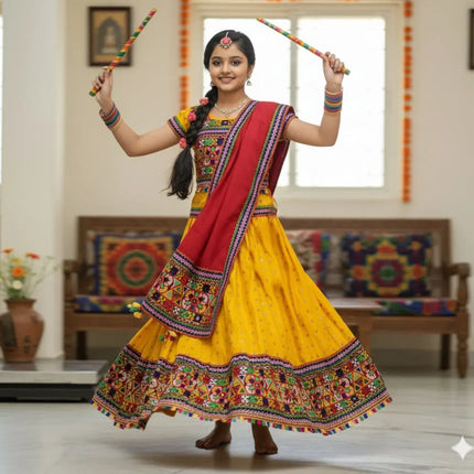 Yellow Navratri Lehenga Choli for Girls | Traditional Embroidered Chaniya Choli with Dupatta fancydresswale.com