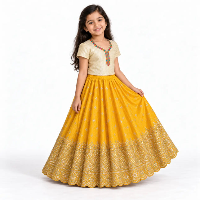 Yellow Rani Net Lehenga for Girls – Cream Blouse & Gold Border fancydresswale.com