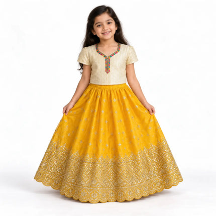 Yellow Rani Net Lehenga for Girls – Cream Blouse & Gold Border fancydresswale.com