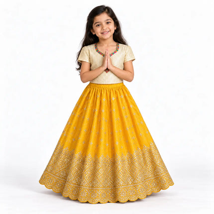 Yellow Rani Net Lehenga for Girls – Cream Blouse & Gold Border fancydresswale.com
