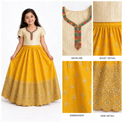 Yellow Rani Net Lehenga for Girls – Cream Blouse & Gold Border fancydresswale.com