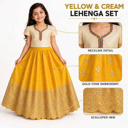 Yellow Rani Net Lehenga for Girls – Cream Blouse & Gold Border fancydresswale.com