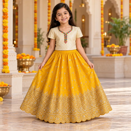 Yellow Rani Net Lehenga for Girls – Cream Blouse & Gold Border fancydresswale.com