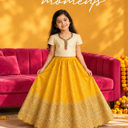 Yellow Rani Net Lehenga for Girls – Cream Blouse & Gold Border fancydresswale.com