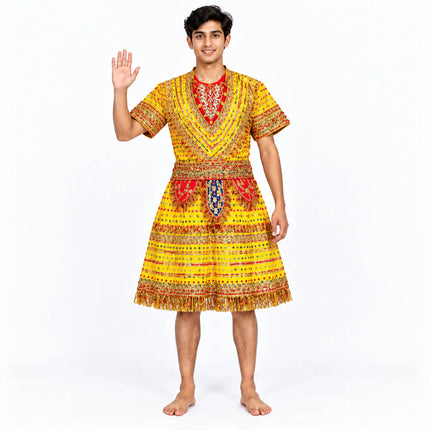 Yellow and red Raja Coat styled on a model