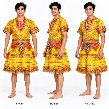 Front view of yellow and red Raja Coat with gold decorative detailing