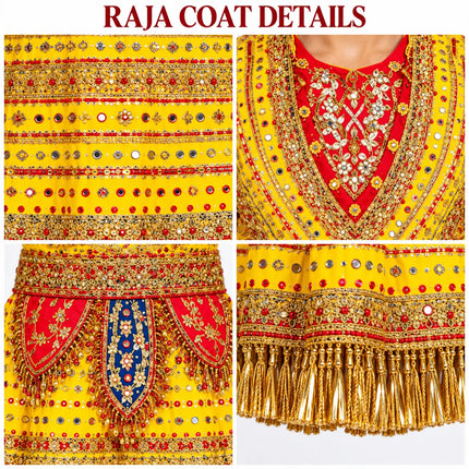 Close-up details of chest, waist panels and gold fringe hem