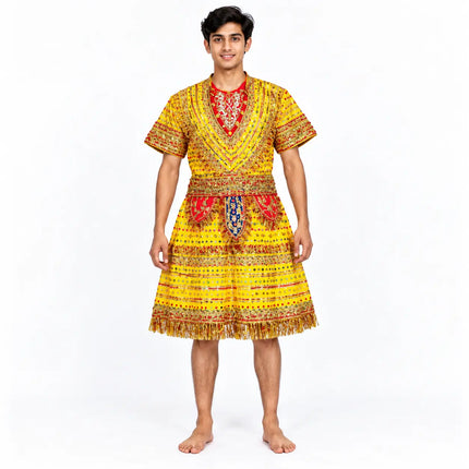 Front, side and three-quarter styling views of yellow and red Raja Coat