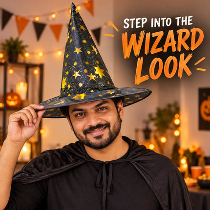 ancyDressWale Wizard Hat for Kids & Adults | Golden Star Magic Hat for Fancy Dress, Halloween, Magician Costume, School Events & Theme Parties fancydresswale.com