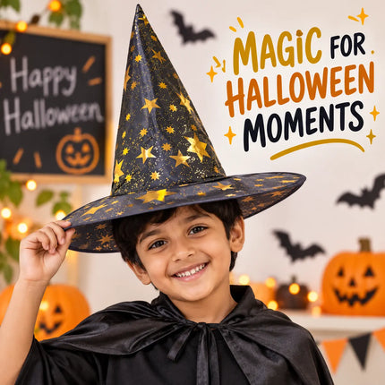 ancyDressWale Wizard Hat for Kids & Adults | Golden Star Magic Hat for Fancy Dress, Halloween, Magician Costume, School Events & Theme Parties fancydresswale.com