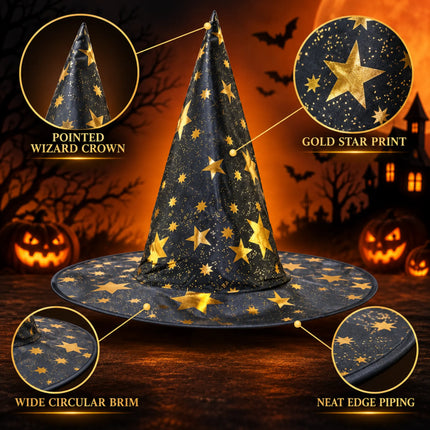 ancyDressWale Wizard Hat for Kids & Adults | Golden Star Magic Hat for Fancy Dress, Halloween, Magician Costume, School Events & Theme Parties fancydresswale.com