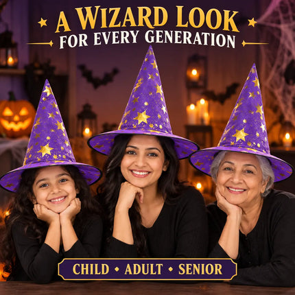 ancyDressWale Wizard Hat for Kids & Adults | Golden Star Magic Hat for Fancy Dress, Halloween, Magician Costume, School Events & Theme Parties fancydresswale.com