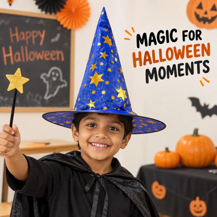 ancyDressWale Wizard Hat for Kids & Adults | Golden Star Magic Hat for Fancy Dress, Halloween, Magician Costume, School Events & Theme Parties fancydresswale.com