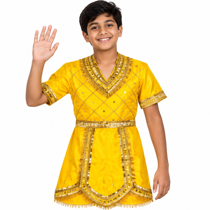 Boy in yellow raja coat waving