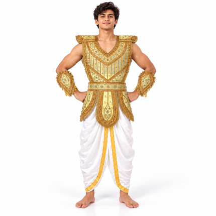 Young man wearing golden kavach with white dhoti