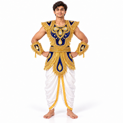 Young man wearing blue and gold zari kavach with white dhoti