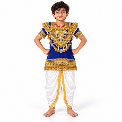 Boy wearing blue body kavach with white dhoti