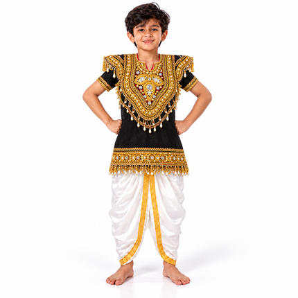 Boy wearing black body kavach with white dhoti