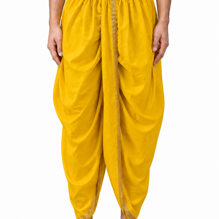 AI adult model yellow dhoti worn front view, torso-to-feet crop