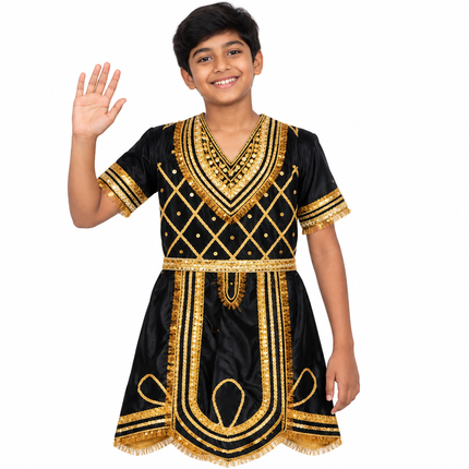 Boy in black raja coat waving