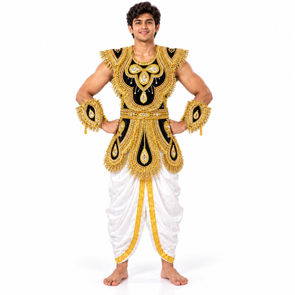 Young man wearing black and gold zari kavach with white dhoti