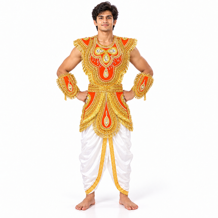 Young man wearing orange and gold zari kavach with white dhoti