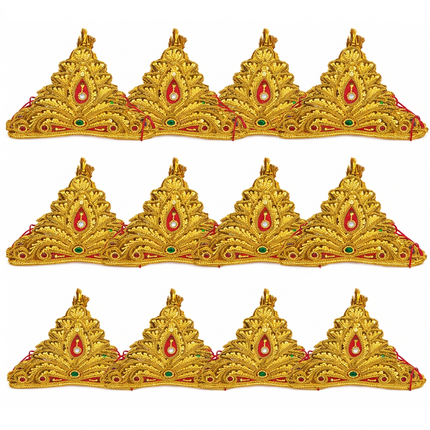 Set of 12 royal golden mukut crowns with green jewel arranged in rows on white background