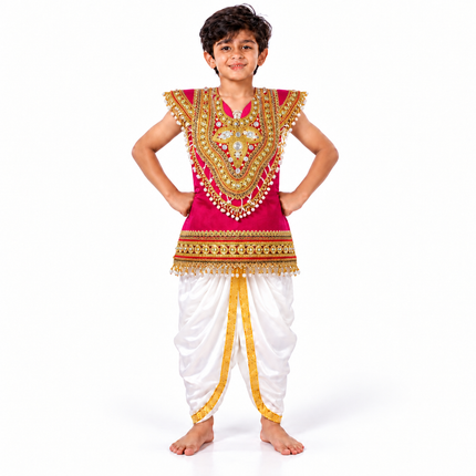 Boy wearing pink body kavach with white dhoti