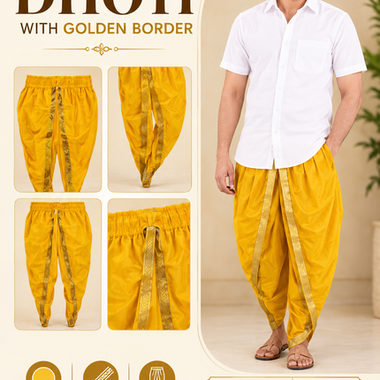 Yellow dhoti cream-gold infographic with details and size-wise prices, AI model preview