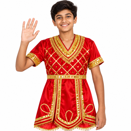 Boy in red raja coat waving