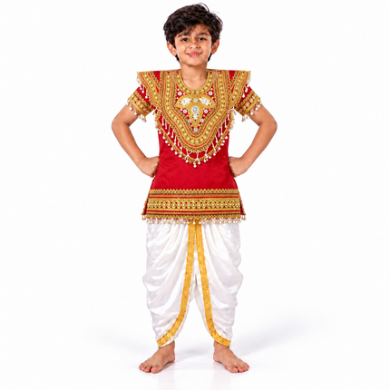 Boy wearing red body kavach with white dhoti