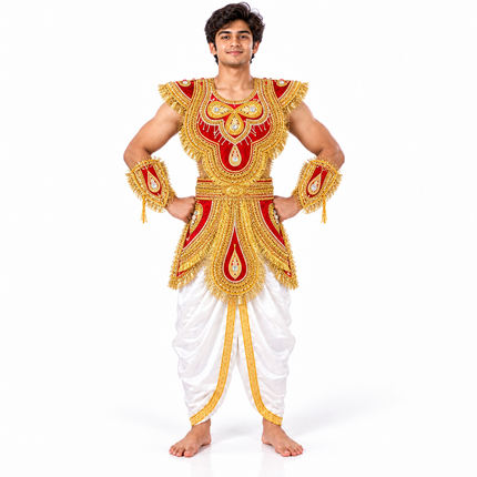 Young man wearing red and gold zari kavach with white dhoti