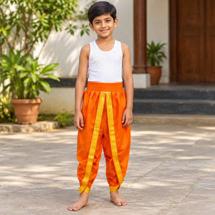 AI child model orange dhoti lifestyle preview, vest not included