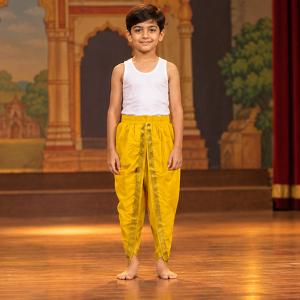 AI child model yellow dhoti Ramleela stage preview, vest not included