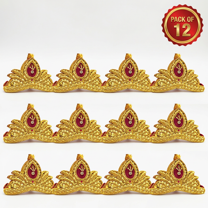 Pack of 12 golden mukut crowns with burgundy center panels arranged in rows