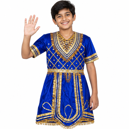 Boy in blue raja coat waving