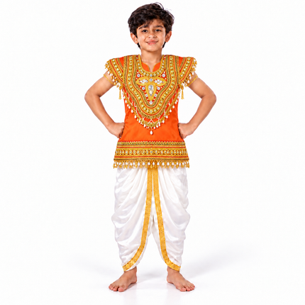 Boy wearing orange body kavach with white dhoti