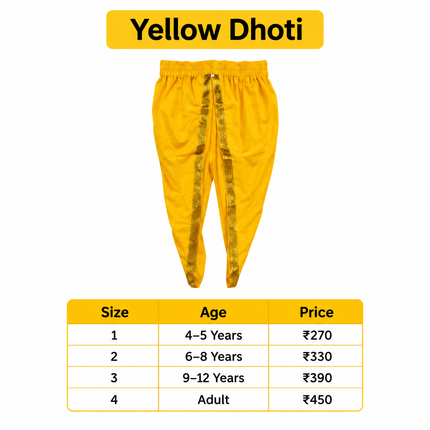 Yellow dhoti size-wise price infographic