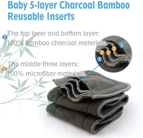 Reusable Charcoal Cloth Diaper Inserts multipack, Absorbent & Breathable Liners, 5-Layer Microfiber Inserts for Cloth Diapers