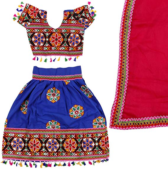 Fancydresswale Embroided Girls Ethnic Lehenga Choli and Dupatta Colour Blue Gujrati Girl Navratri Dress
