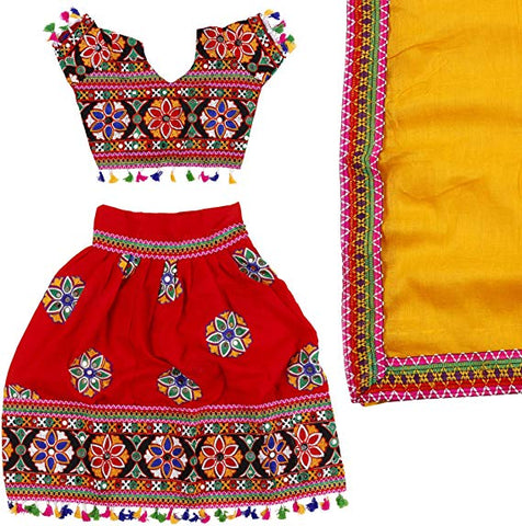 Fancydresswale Embroided Girls Ethnic Lehenga Choli and Dupatta Colour Red Gujrati Girl Navratri Dress