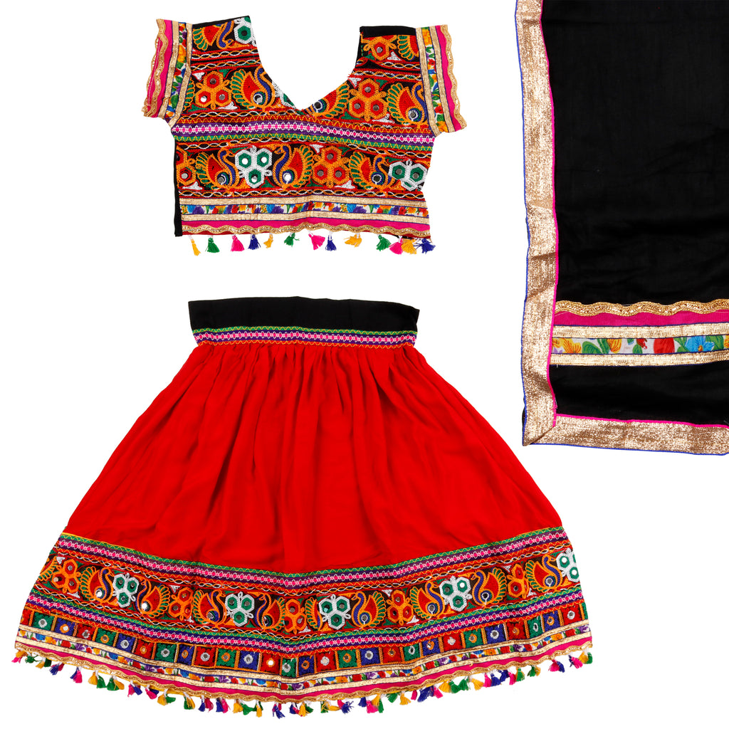 Fancydresswale Girls Full Embroided Ethnic Cotton Lehenga Choli and Dupatta Colour Black Gujrati Girl Navratri Dress