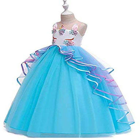 Unicorn Princess Costume Birthday Pageant Party Dance Performance Carnival Long Maxi Tulle Fancy Dress Up Outfits - Blue