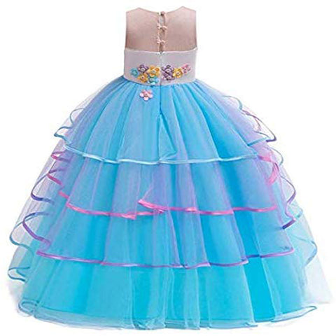 Unicorn Princess Costume Birthday Pageant Party Dance Performance Carnival Long Maxi Tulle Fancy Dress Up Outfits - Blue