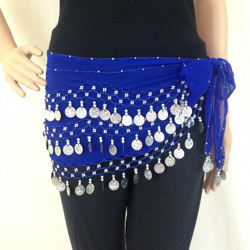 Belly Dance Hip Scarf Waist Belt with Gold Coins for Women and Girls (Blue)