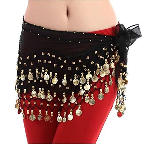 Belly Dance Hip Scarf Waist Belt with Gold Coins for Women and Girls (Black)