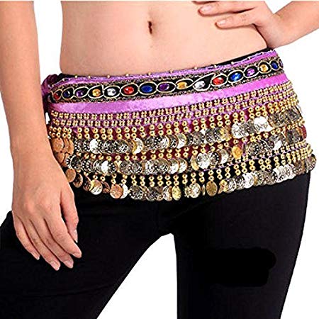 Belly Dance Hip Scarf Waist Belt with Gold Coins for Women and Girls (Premium Pink)