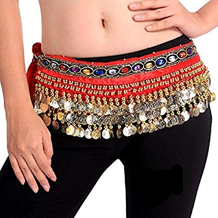 Belly Dance Hip Scarf Waist Belt with Gold Coins for Women and Girls (Premium Red)